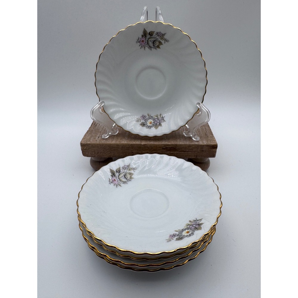 AK Kaiser Residenz Floral Porcelain Saucers Set of 5 Gold Trim Scalloped 4.75in